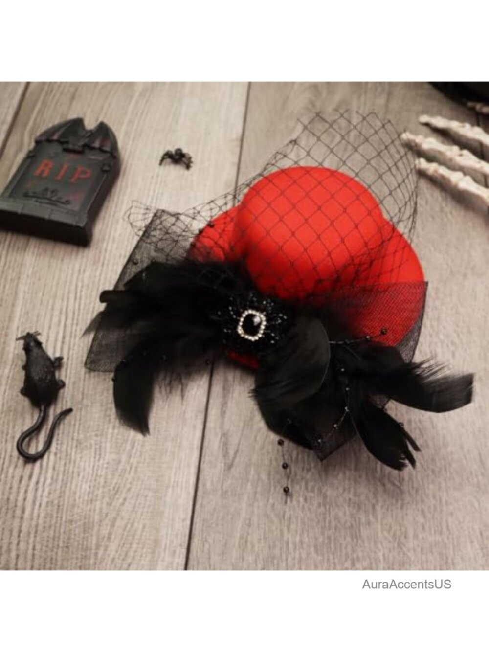 Mini Top Hat Fascinator Hair Clip Feathers Fishnet One Size - Picture 4 of 6